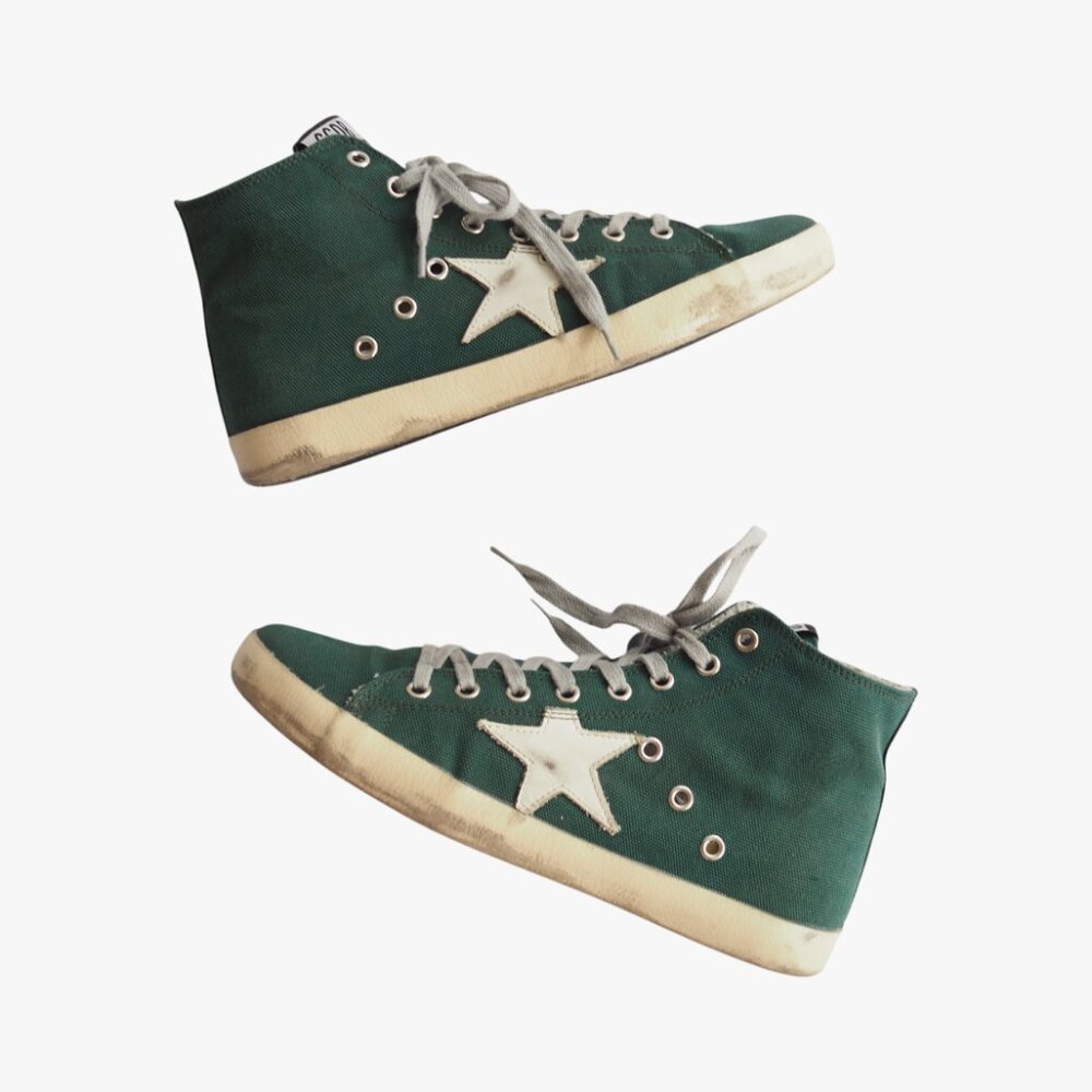 (RARE) GOLDEN GOOSE | CANVAS “FRANCY” GREEN WHITE HIGH TOP SNEAKERS - Picture 2 of 9